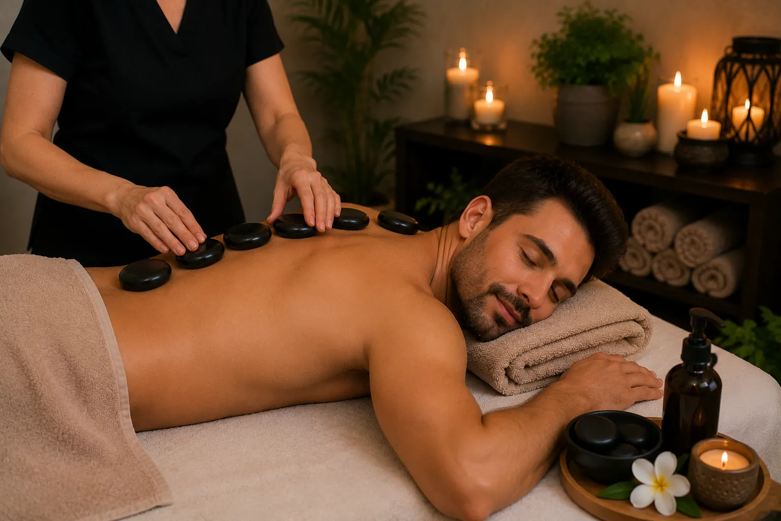 Hot stone massage with heated basalt stones at Massage by Laura, Runaway Bay Gold Coast